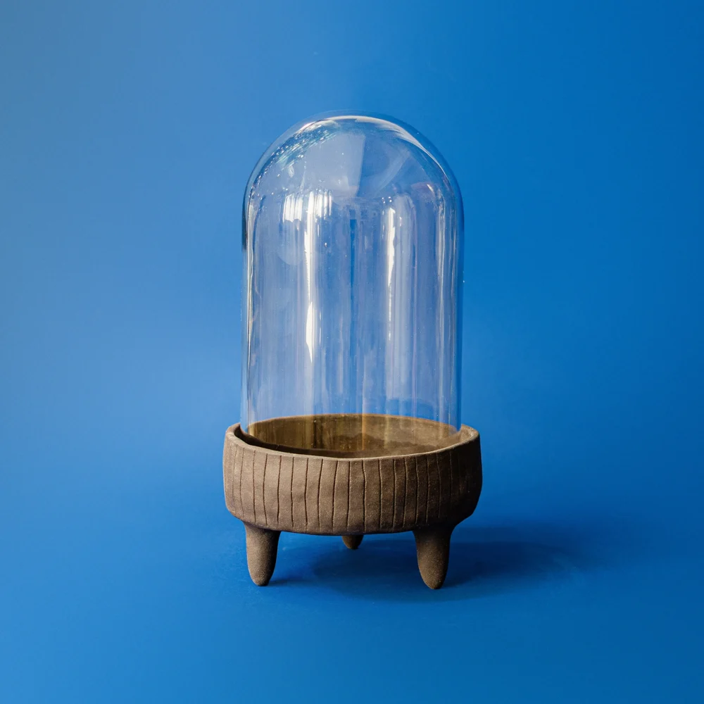 Recipient Terariu Cloche Grey cupola de sticla cu baza ceramica gri