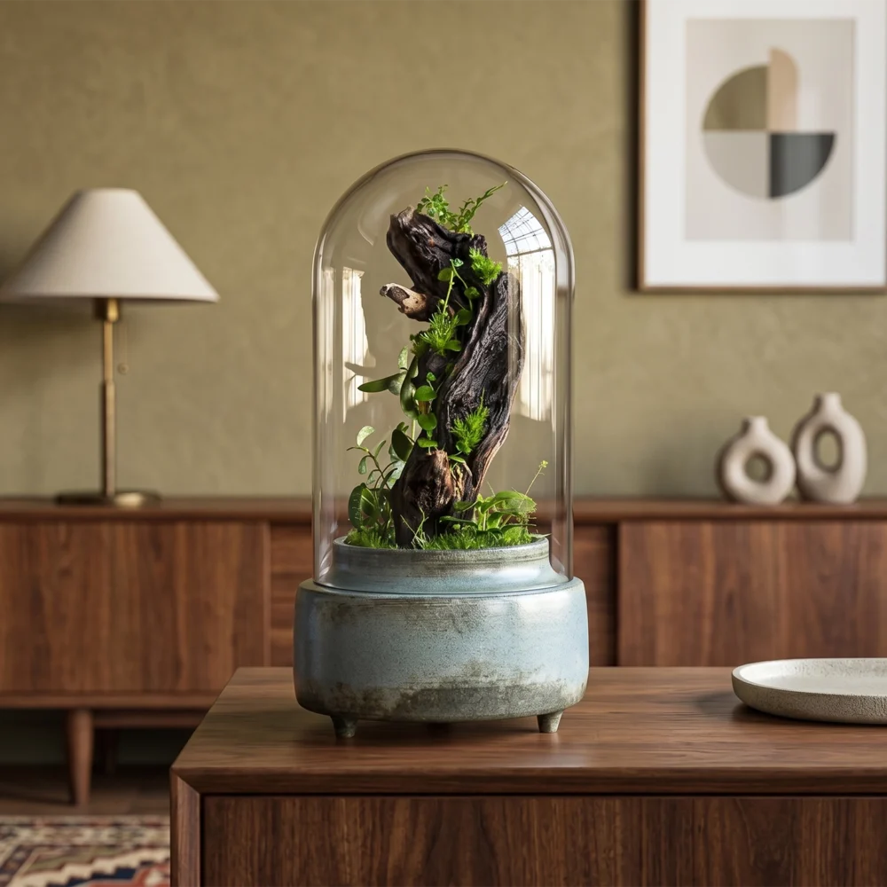Recipient Terariu Cloche Mossy cupola de sticla cu baza ceramica