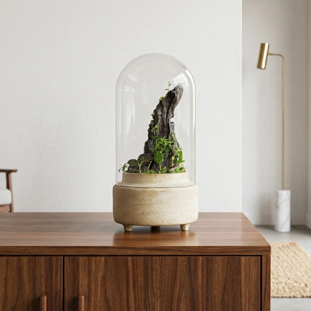 Recipient Terariu Cloche Freckles din sticla cu baza ceramica