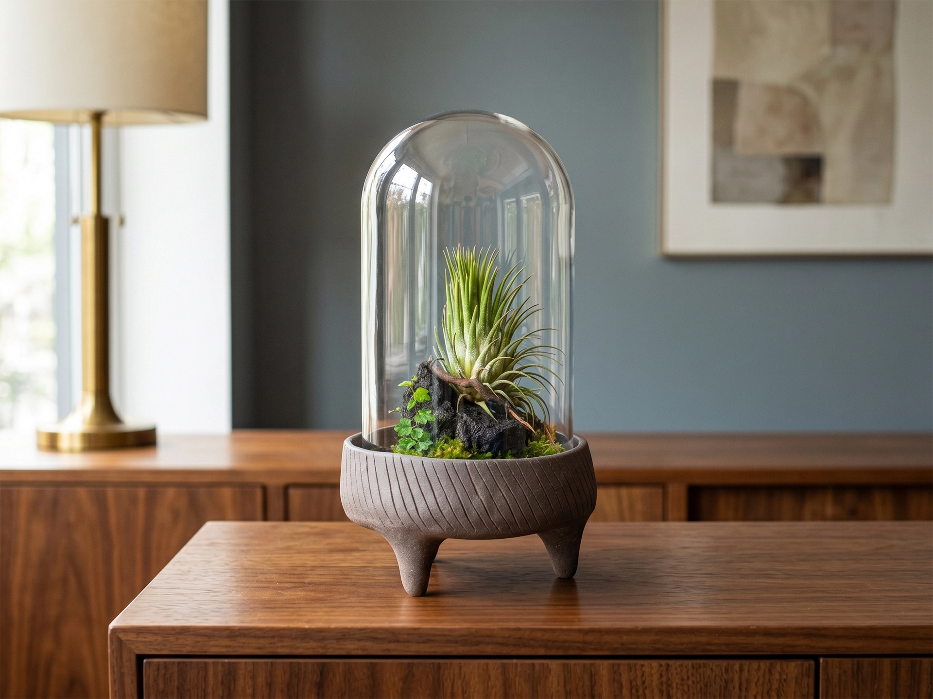 Terariu The Cloche Tillandsia planta aeriana pe baza ceramica neagra